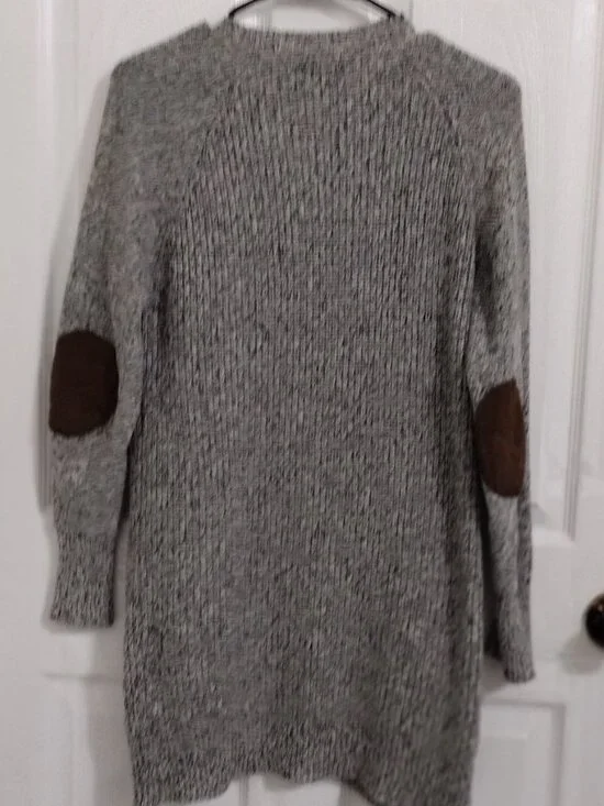 RDI Marled Knit Open Cardigan Size M Gray Elbow Patch Cozy Layering Sweater - Picture 11 of 13